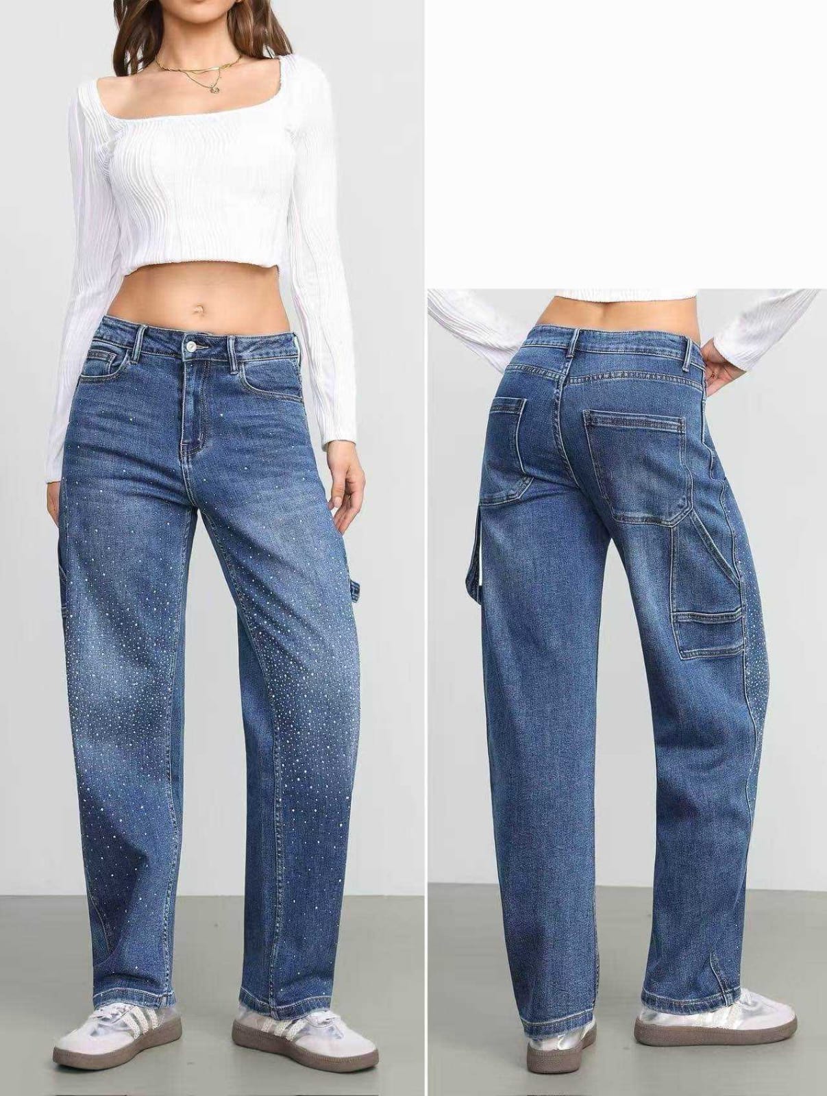 Jeans banana fit con strass